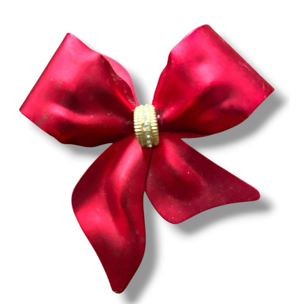 Vintage Red Satin Metal Bow Brooch Rhinestone Gold Tone Holiday Christmas Pin